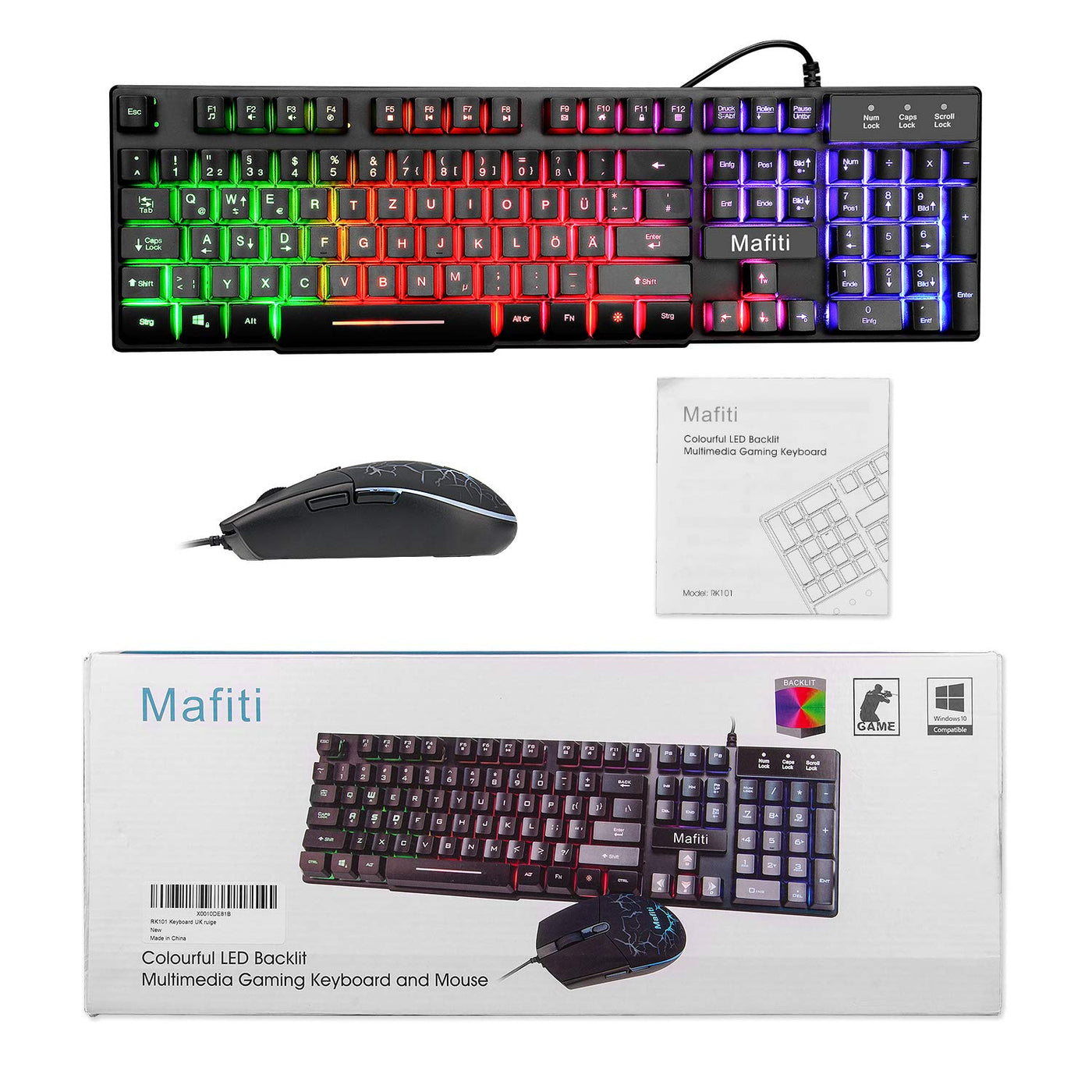 mafiti Tastatur und Maus Set, Kabelgebundenes, LED Hintergrundbeleuchtung QWERTZ (DE-Layout), Regenbogen Farben Beleuchtetung für Gaming und Büro