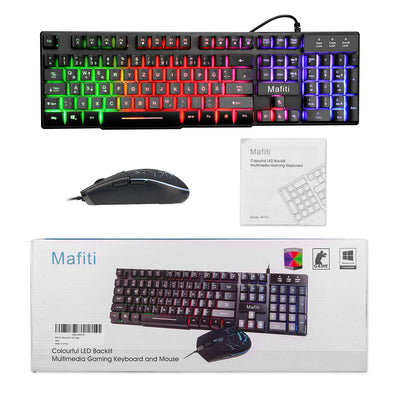 mafiti Tastatur und Maus Set, Kabelgebundenes, LED Hintergrundbeleuchtung QWERTZ (DE-Layout), Regenbogen Farben Beleuchtetung für Gaming und Büro