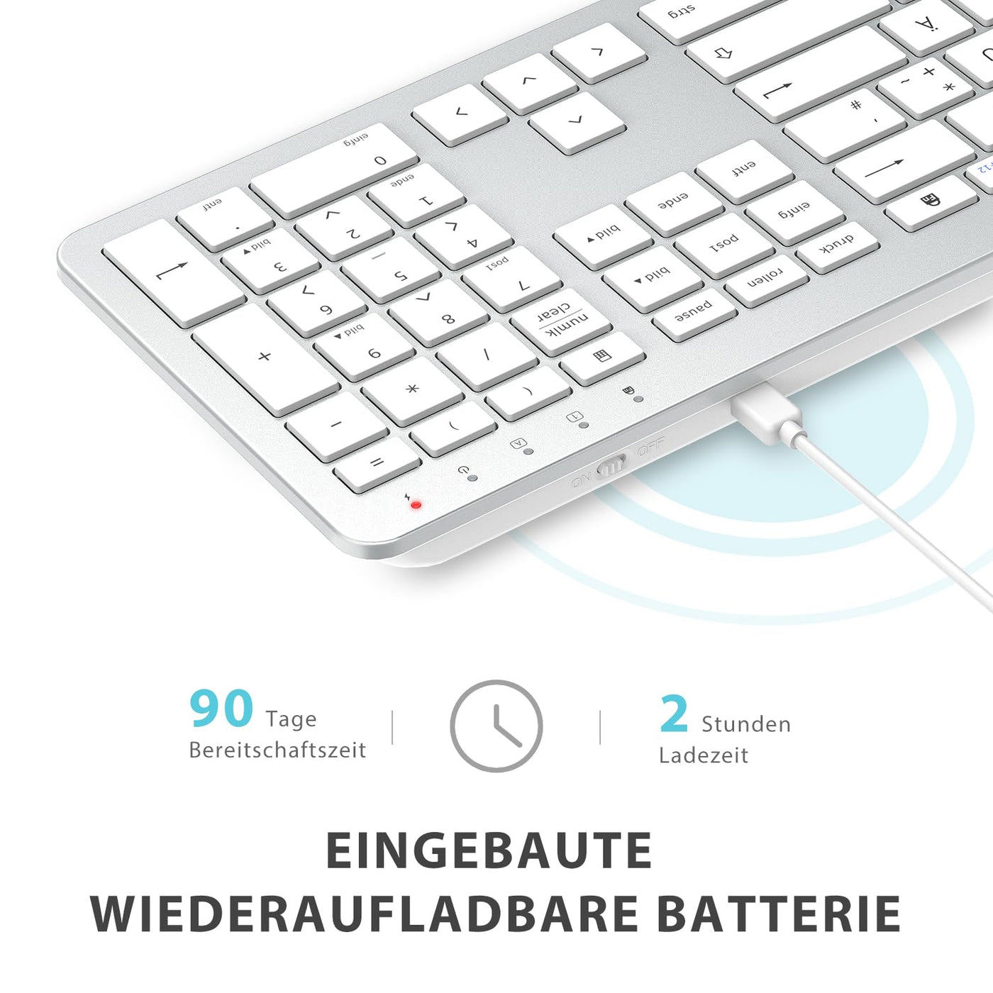 Tastatur Maus Set Kabellos, iClever Wiederaufladbare Funktastatur, Deutsch QWERTZ Layout, 2.4 GHz Funk Tastatur Mouse für PC/Laptop/Smart TV, Weiß und Silber