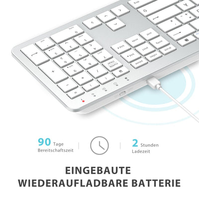 Tastatur Maus Set Kabellos, iClever Wiederaufladbare Funktastatur, Deutsch QWERTZ Layout, 2.4 GHz Funk Tastatur Mouse für PC/Laptop/Smart TV, Weiß und Silber