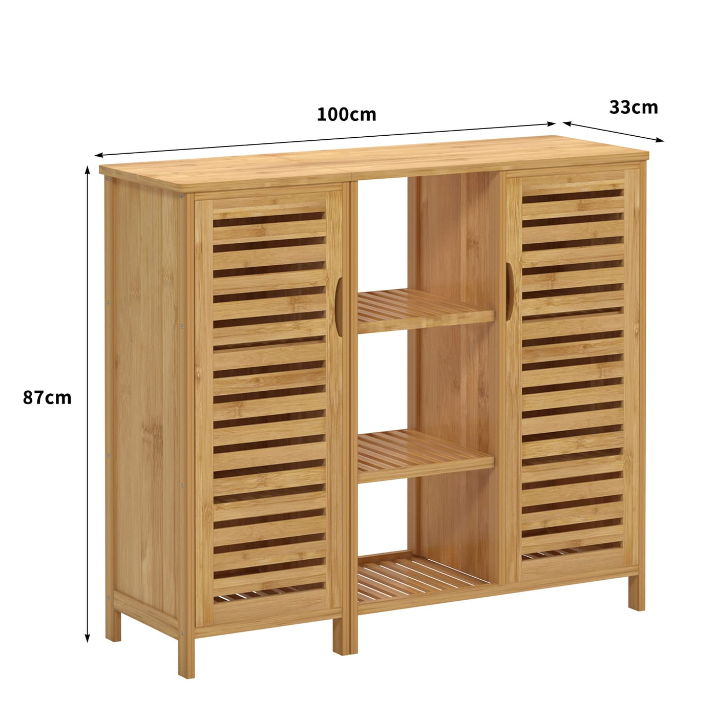 sogesfurniture Badschrank Bambus, Badezimmerschrank, Beistellschrank mit 4 Ablagen und 2 Lamellentüren Aufbewahrungsschrank für Badezimmer, Wohnzimmer, Küche, 100x33x87cm