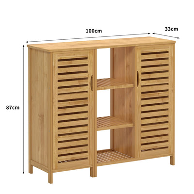 sogesfurniture Badschrank Bambus, Badezimmerschrank, Beistellschrank mit 4 Ablagen und 2 Lamellentüren Aufbewahrungsschrank für Badezimmer, Wohnzimmer, Küche, 100x33x87cm
