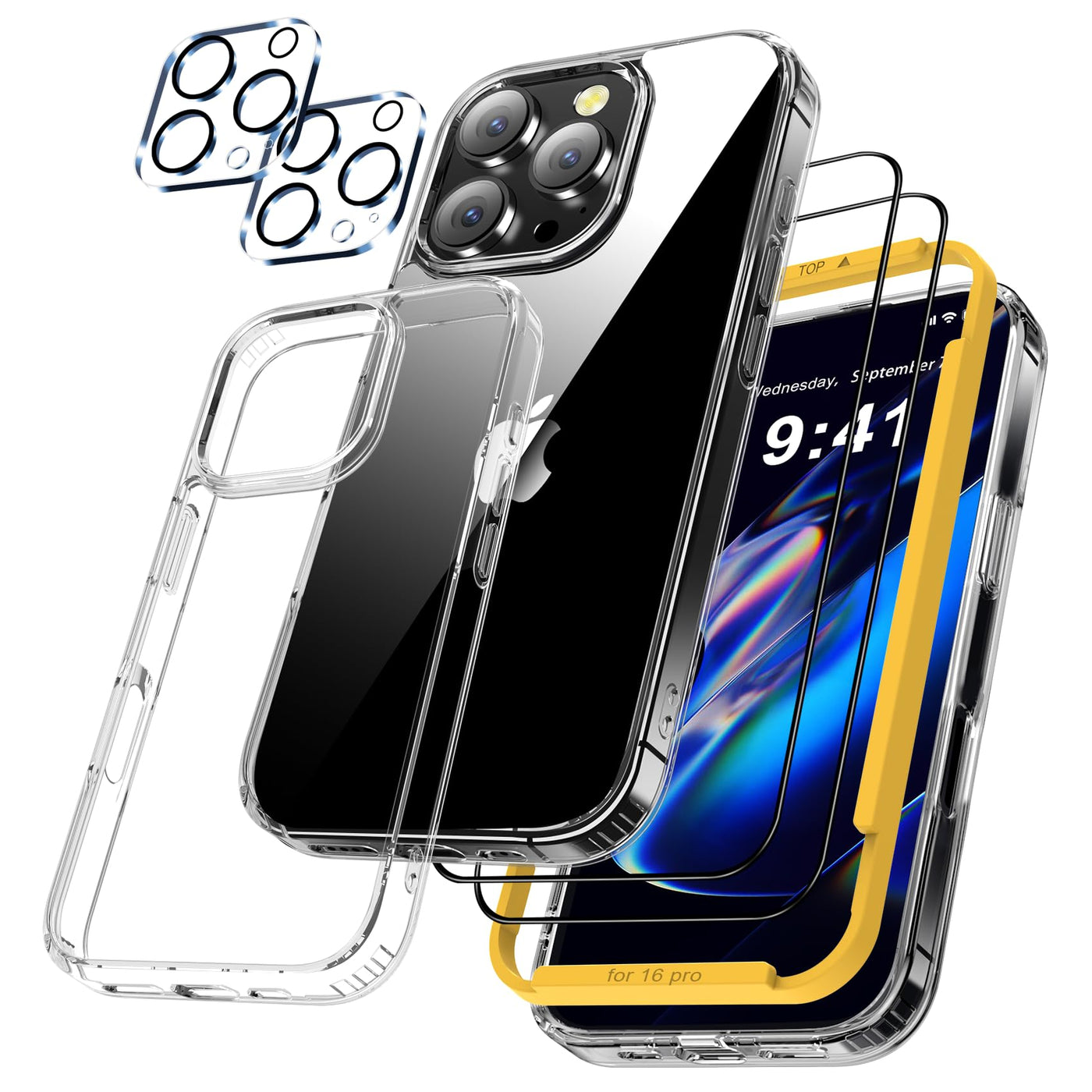 QHOHQ 5-in-1-Set für iPhone 16 Pro Hülle [Nie Vergilbung] + 2X Schutzfolie + 2X Kamera Schutzhülle, Militärstandard Rundumschutz Handyhülle Case, Stoßfest, Anti-Kratzt, Klar