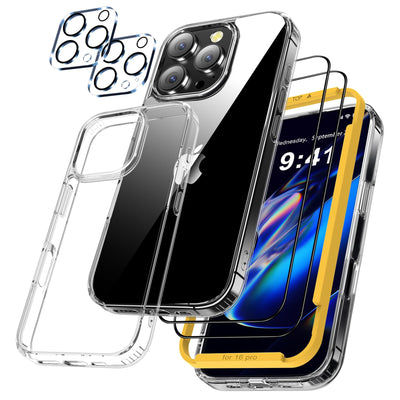QHOHQ 5-in-1-Set für iPhone 16 Pro Hülle [Nie Vergilbung] + 2X Schutzfolie + 2X Kamera Schutzhülle, Militärstandard Rundumschutz Handyhülle Case, Stoßfest, Anti-Kratzt, Klar