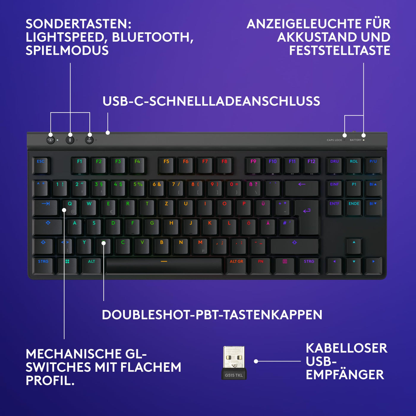 Logitech G G515 LIGHTSPEED TKL kabellose flache Gaming-Tastatur, LIGHTSYNC RGB, dünnes Profil ohne Ziffernblock, PBT-Tastenkappen, lineare mechanische Switches, Deutsches QWERTZ-Layout - Schwarz