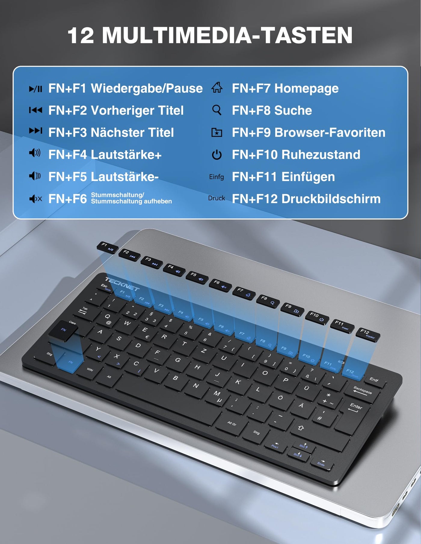 TECKNET Kabelloses Tastatur Maus Set, Deutsch QWERTZ Layout, 2.4 GHz Funk Mini Tastatur Mouse, 15m Reichweite Verbindung, Wireless Leise Funktastatur mit Maus für PC, Laptop, Smart TV, Schwarz