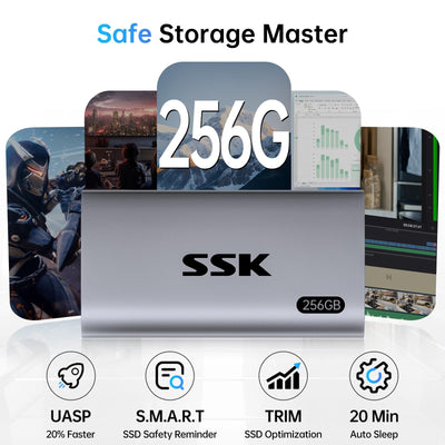 SSK 256GB Externe SSD Festplatte, Portable SSD bis zu 550 MB/s Schnelle External SSD USB 3.2 Gen2 USB C SSD für iPhone 15/Pro, Windows, Mac, Android Mit LED-Licht, Trim, SMART Unterstützt