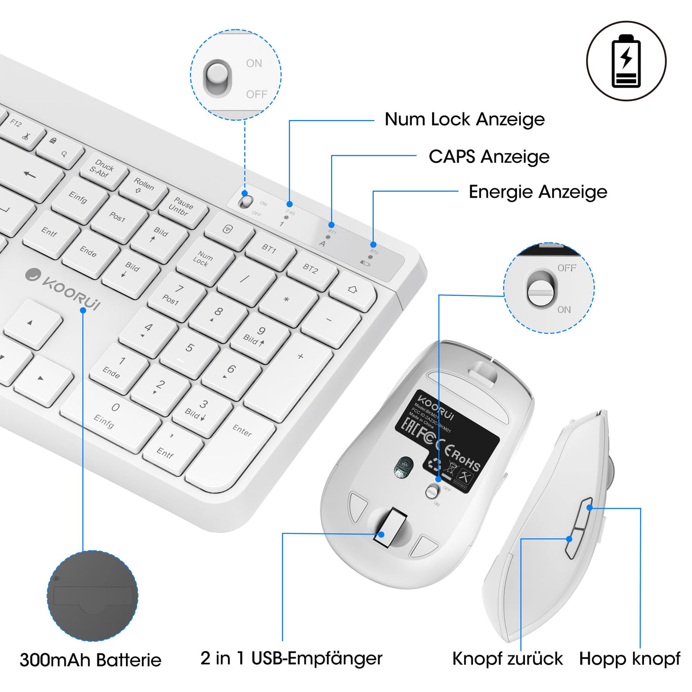 KOORUI Tastatur und Maus Kabellos, Wiederaufladbar Leise Maus Tastatur Set Deutsches Layout QWERTZ mit 12 Funktionstasten 2.4 GHz Tastatur Maus Set für Windows, MacOS, Linux -Weiß