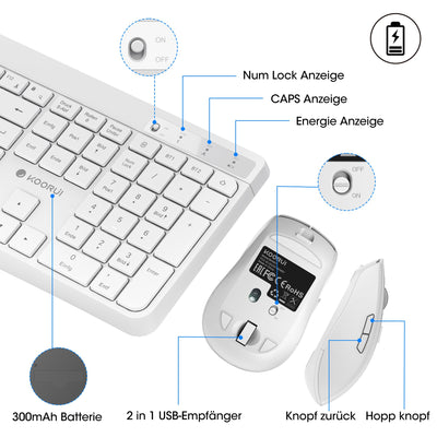 KOORUI Tastatur und Maus Kabellos, Wiederaufladbar Leise Maus Tastatur Set Deutsches Layout QWERTZ mit 12 Funktionstasten 2.4 GHz Tastatur Maus Set für Windows, MacOS, Linux -Weiß