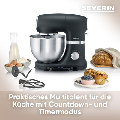 SEVERIN Küchenmaschine mit Waage, große Knetmaschine für bis zu 3 kg Kuchenteig, robuste Teigmaschine mit Knethaken, Flachrührer und Schneebesen, 1.000 W, schwarz, matt/Edelstahl, KM 3898, 3.8