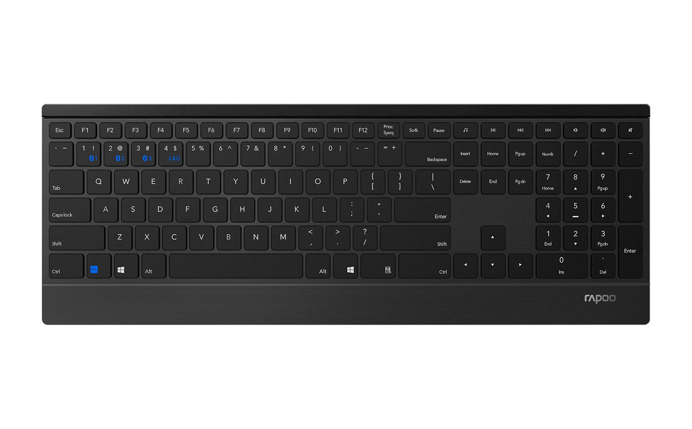 Rapoo 9500M kabelloses Tastatur-Maus Set Wireless Deskset 1600 DPI Sensor 12 Monate Batterielaufzeit flaches Aluminium Design DE-Layout QWERTZ PC & Mac - schwarz