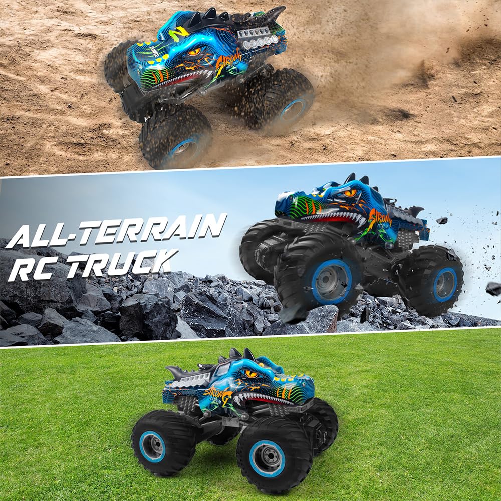 Rhybor Ferngesteuertes Auto Dinosaurier 1:16 Maßstab RC Monster Truck Fernbedienung Auto mit Sprühnebel-Musik-LED-Leuchten, 2,4 GHz 20 km/h RC Auto Spielzeug für Kinder ab 3 4 5 6 8 10 Jahre