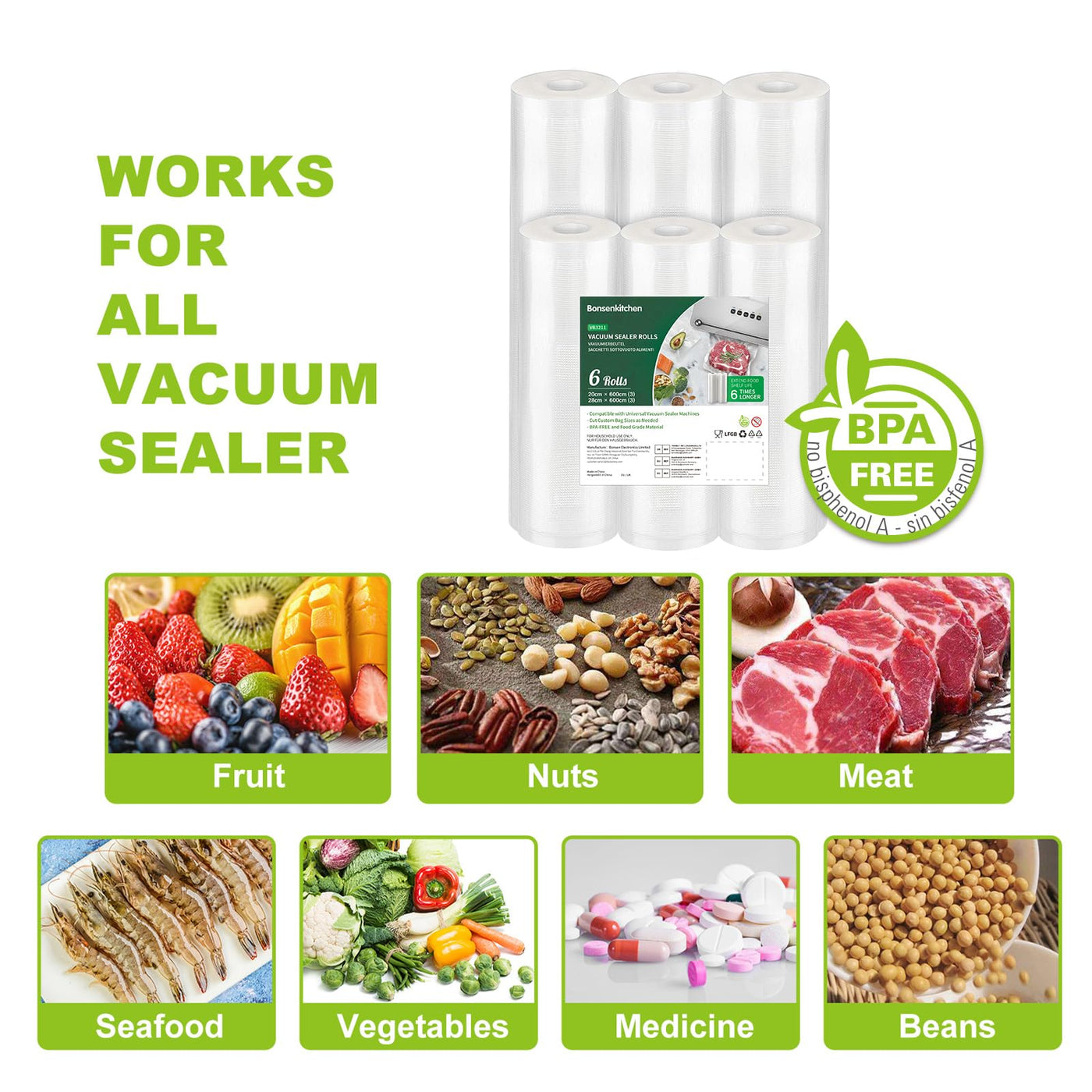 Bonsenkitchen Vakuumrollen 3 Rollen 28x600cm + 3 Rollen 20x600cm Vakuumierfolie - Profi Vakuumbeutel für Vakuumierer Lebensmittel Vakuumiergerät, Kochfest und Sous Vide Gefrierbeutel, BPA-frei, VB3211