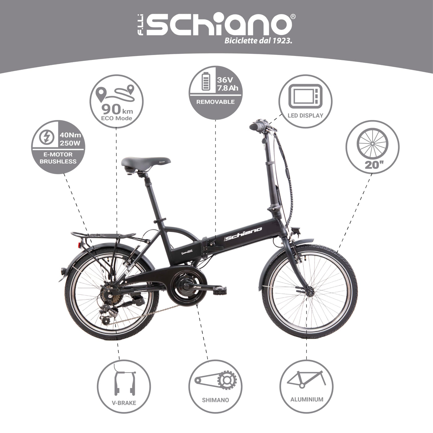 F.lli Schiano E-Sky, E Bike Klappbar 20 Zoll, 36V 7.8Ah Abnehmbarer Akku, Motor 250W 40Nm, Klapprad Ebike für Herren/Damen, Schwarz