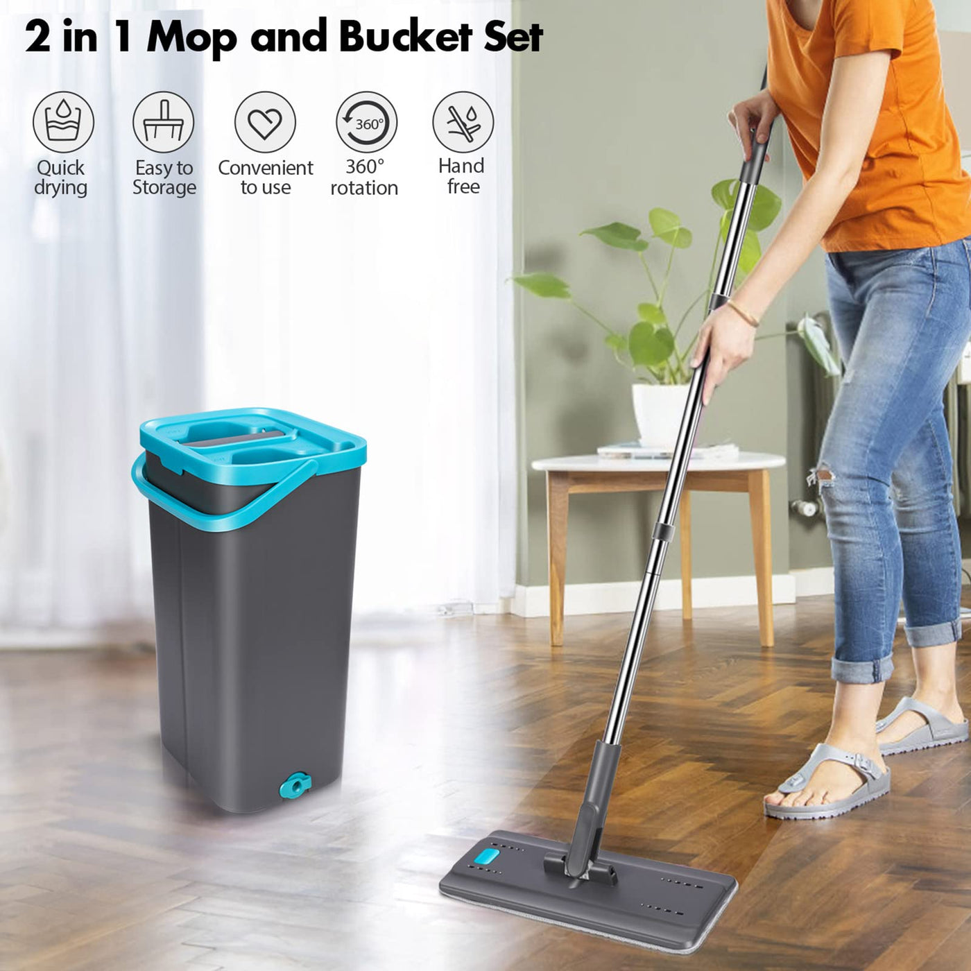 MASTERTOP Wischmopp Set mit Eimer, Bodenwischer Set mit 6 Mikrofaser Wischpads und Edelstahlgriff, 2 in 1 Putzeimer mit Wischmop, Wischer mit Auswringfunktionfür Alle Bodentypen, Grau+Blau