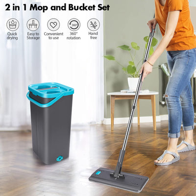 MASTERTOP Wischmopp Set mit Eimer, Bodenwischer Set mit 6 Mikrofaser Wischpads und Edelstahlgriff, 2 in 1 Putzeimer mit Wischmop, Wischer mit Auswringfunktionfür Alle Bodentypen, Grau+Blau