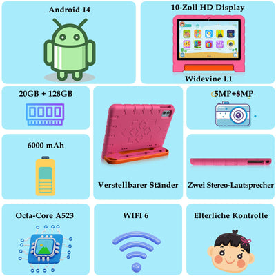ZIOVO Tablet 10 Zoll Android mit 20GB RAM+128GB ROM(TF 1TB), 5G WiFi 6, Octa-Core, Widevine L1, Face ID, 1280 * 800, 6000mAh, Bluetooth 5.0, GMS Certified Tablet mit Eva Case - Rosa