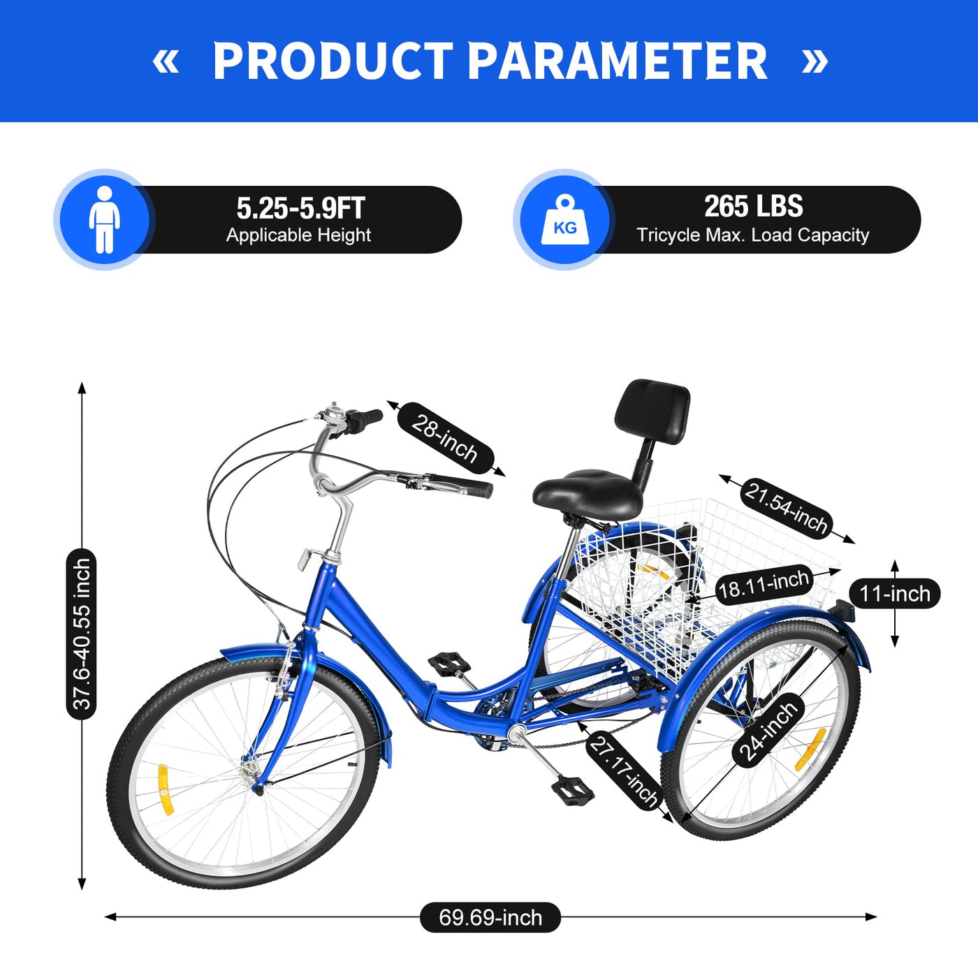 Taozhiyy 24 Zoll Dreirad Erwachsene, Faltbar 3 Rad Fahrrad, 7 Speed 3 Räder Cruise Bike mit Korb Rückenlehne, Trike Tricycle Scheibenbremse Belastung 120kg (Blau)
