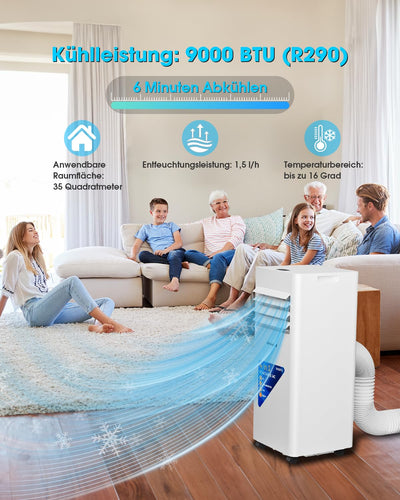 Lovewind Mobiles Klimagerät 9000 BTU (Eco R290), Leise 52 dB, Tragbare Klimaanlage mit Fernbedienung, 4-in-1 Kühlung, Entfeuchtung, Belüftung und Schlafen, IPX1 für Innenräume Büro