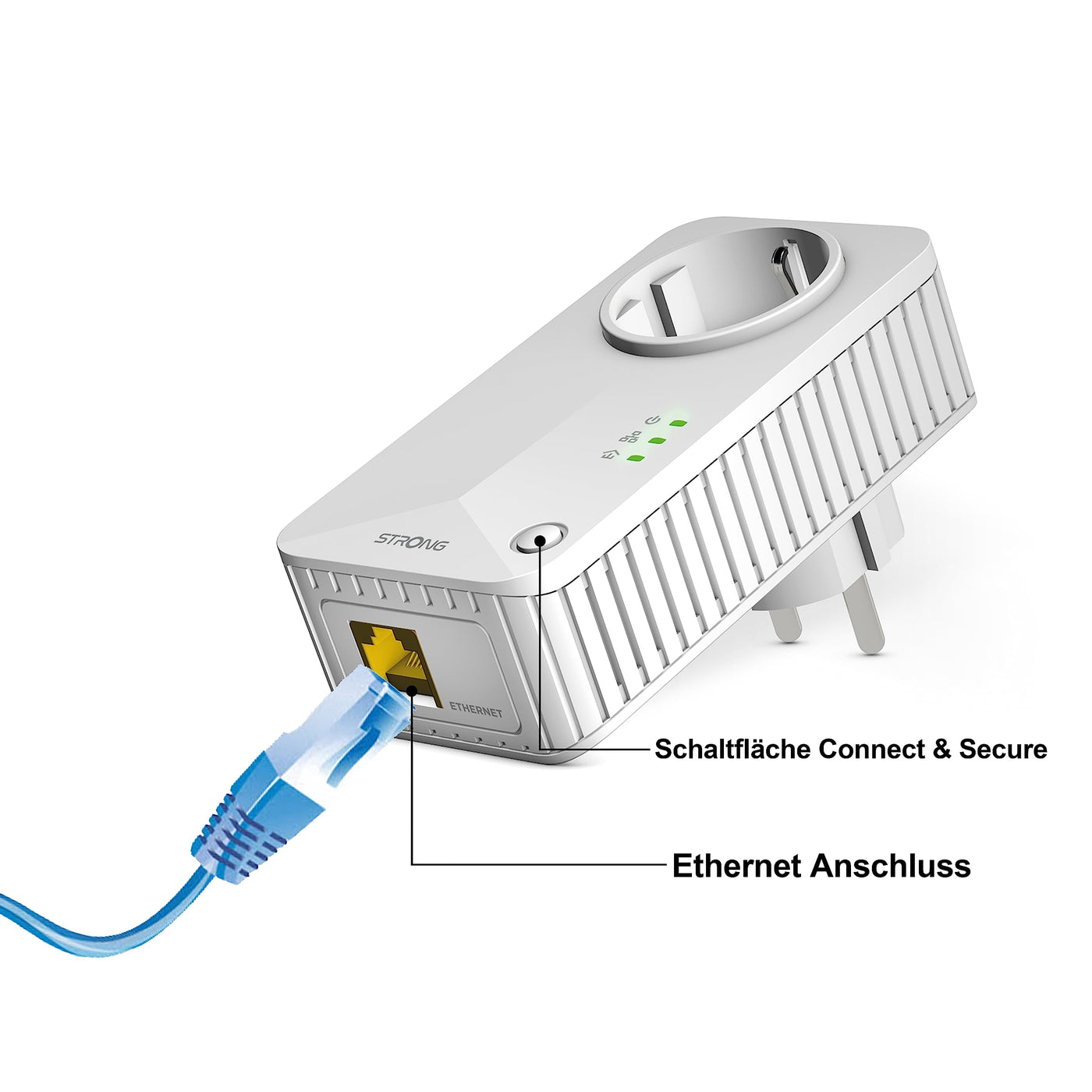 STRONG | Powerline 600 Duo EU Set | 2 Powerline-Adapter 600 Mbps | Fast-Internetzugang | integrierte Steckdose | 300 m Reichweite | Für alle Router | LAN-Anschluss | Easy-Installation | weiß