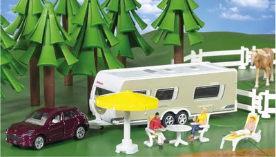 siku 2542, PKW mit Wohnwagen, Figuren und Campingausstattung, 1:55, Metall/Kunststoff, Mehrfarbig