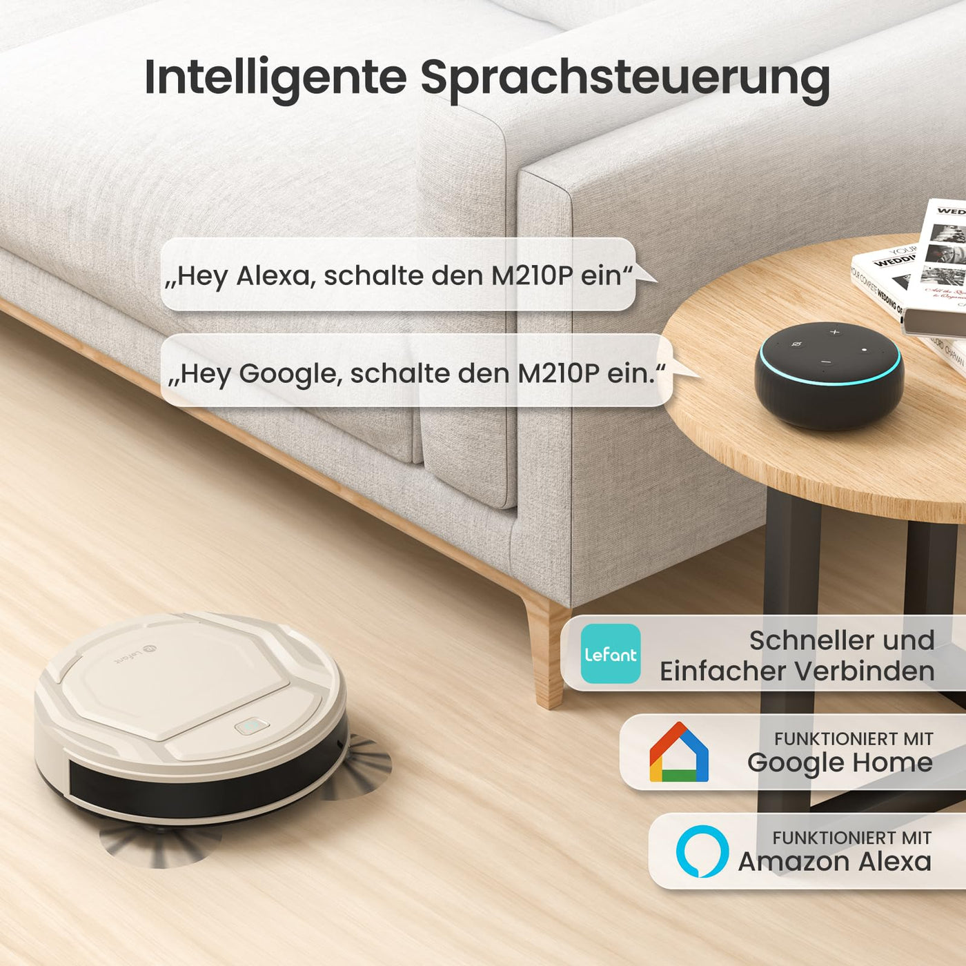 LEFANT M210P Saugroboter, Superschlank Staubsauger Roboter, 2200 Pa Saugkraft, 120 Min Laufzeit, WLAN optimiert für Teppiche, Tierhaare, Hartböden, Roboterstaubsauger mit Ladestation, Champagnergrau