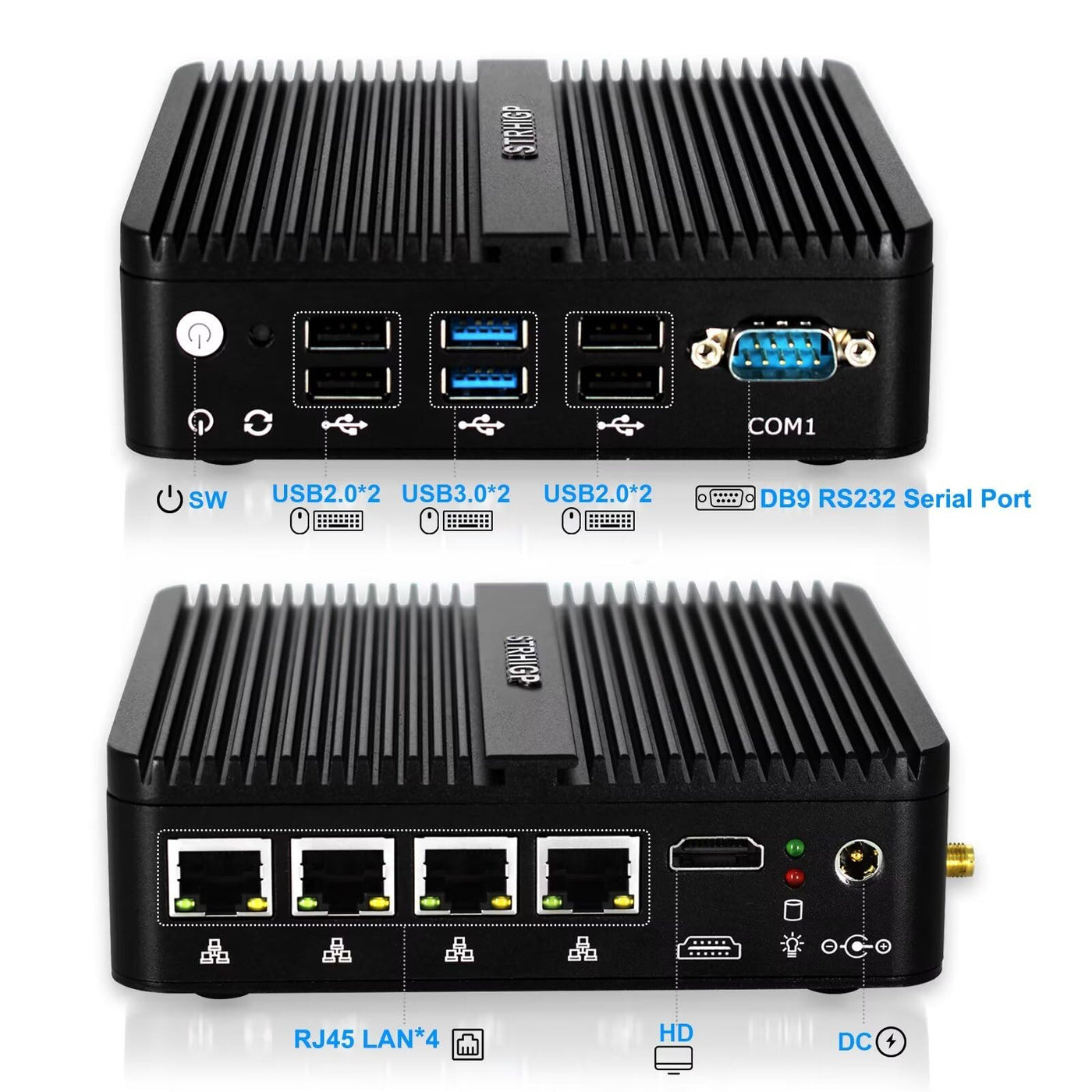 STRHIGP Firewall Mini PC OPNsense Appliance Celeron J4125 4 * 2.5GbE Ethernet LAN, 8GB DDR4 128GB SSD, VPN Router Hardware AES-NI Fanless Computer, HD, COM, 6USB, SIM Slot Home IT Industry