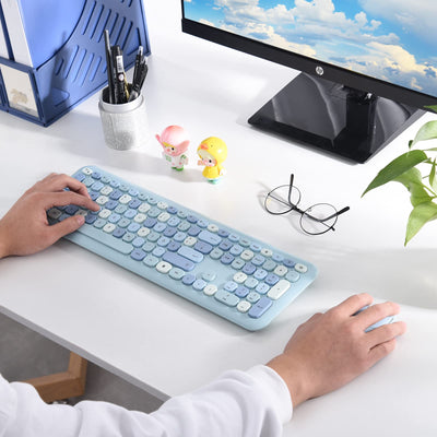 PINKCAT Tastatur Maus Set kabellos farbig, 2.4G Bunte Funktastatur mit Maus Retro Tastatur Cute Wireless Keyboard Silent Mouse für Computer/Desktop/PC/Laptop Geschenke - Blau