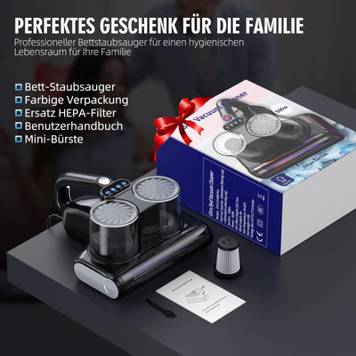 JPHYLL Milbensauger für Matratzen Milbenstaubsauger mit 253,7nm UV-Licht 16Kpa Absaugung Bürstenwalzenklopfen HEPA Filter Ultraschall Heißer Wind Bett-Staubsauger Verbreiterte Saugöffnung Schwarz
