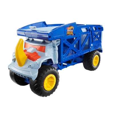 HOT WHEELS Monster Trucks Transporter Nashorn - Schlepper, Platz für 12 Monster Trucks oder 32 Hot Wheels, mit Startrampe, für Kinder ab 3 Jahren, HFB13