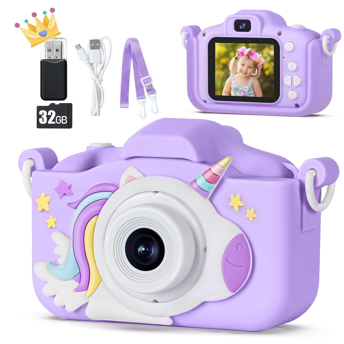 48 MP Kinderkamera für Mädchen Jungen 3-12 Jahre, 1080P Digitalkamera Spielzeug Kinder Kamera, Spielzeug Geschenk für 3 4 5 6 7 8 9 10 Jahre Mädchen, 32 GB SD-Karte und Einhorn Silikonhülle (Lila)
