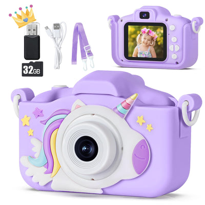 48 MP Kinderkamera für Mädchen Jungen 3-12 Jahre, 1080P Digitalkamera Spielzeug Kinder Kamera, Spielzeug Geschenk für 3 4 5 6 7 8 9 10 Jahre Mädchen, 32 GB SD-Karte und Einhorn Silikonhülle (Lila)