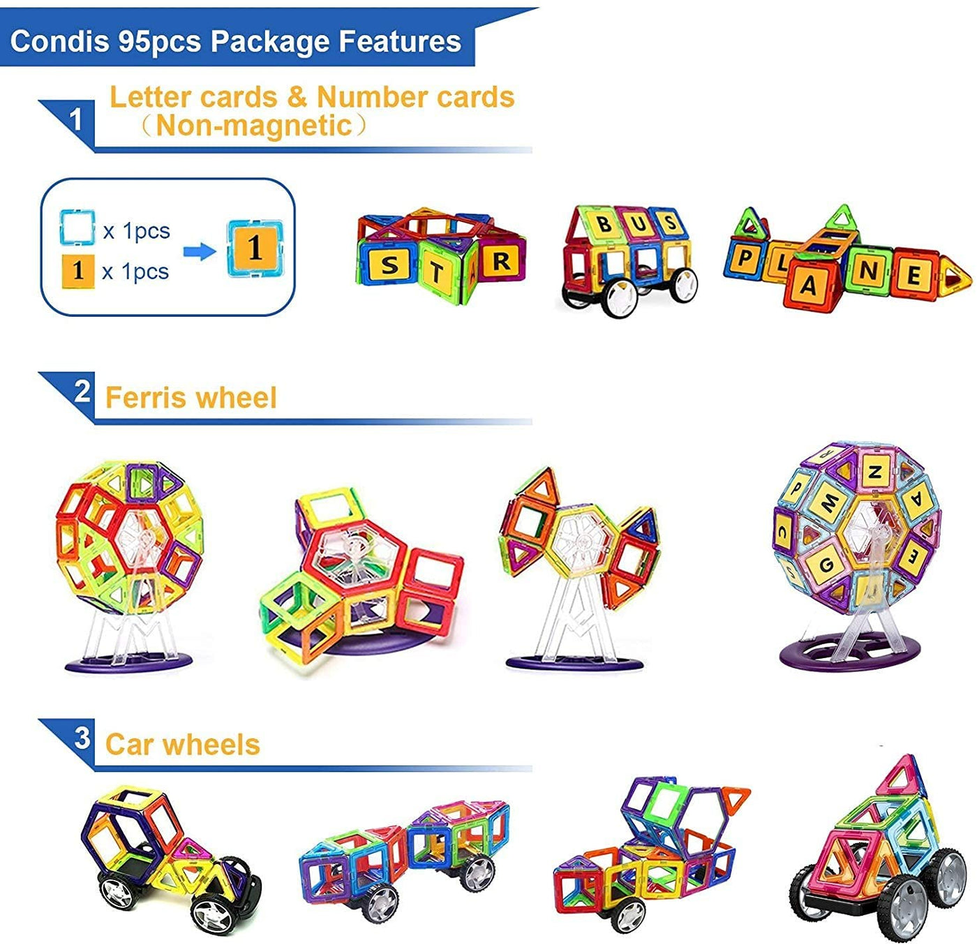 CONDIS Magnetische Bausteine 95 Teile, Magnetspiel STEM Magnetbausteine, kreatives Bildungs Spielzeug für Montessori Spielzeug Vorschule Lernen für Jungen und Mädchen ab 3 Jahre