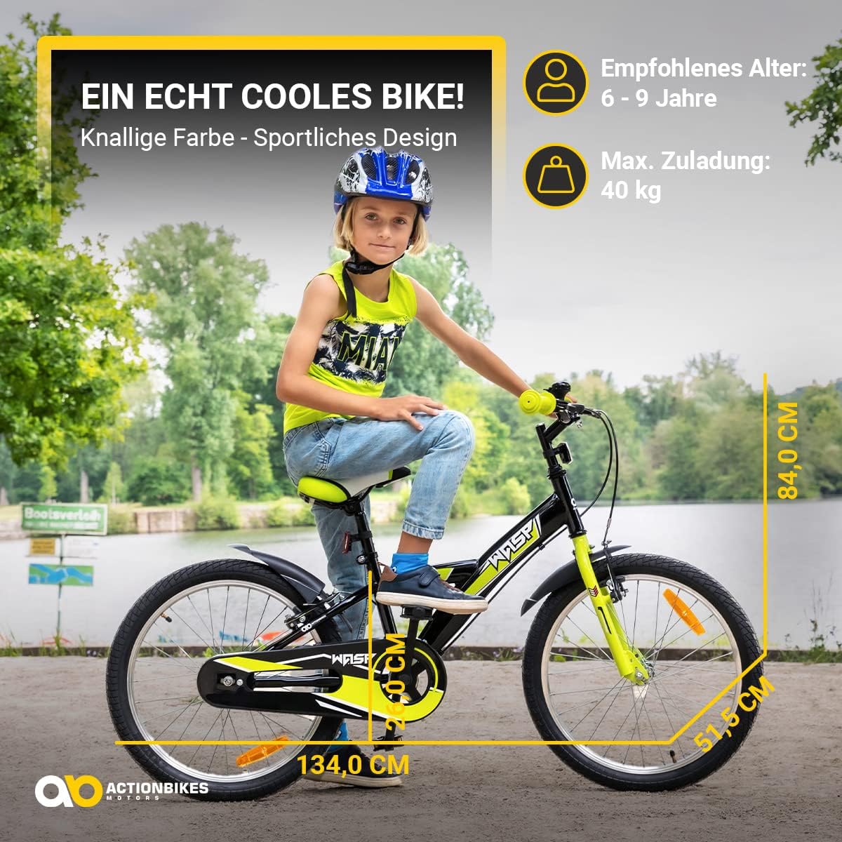 Actionbikes Kinderfahrrad Wasp - 1 Gang - ohne Schaltung - Fahrrad 20 Zoll für Jungen und Mädchen - Von 6-9 Jahren - V-Brakes vorne und hinten - Trapez-Rahmen - Kettenschutz (Schwarz Grün)