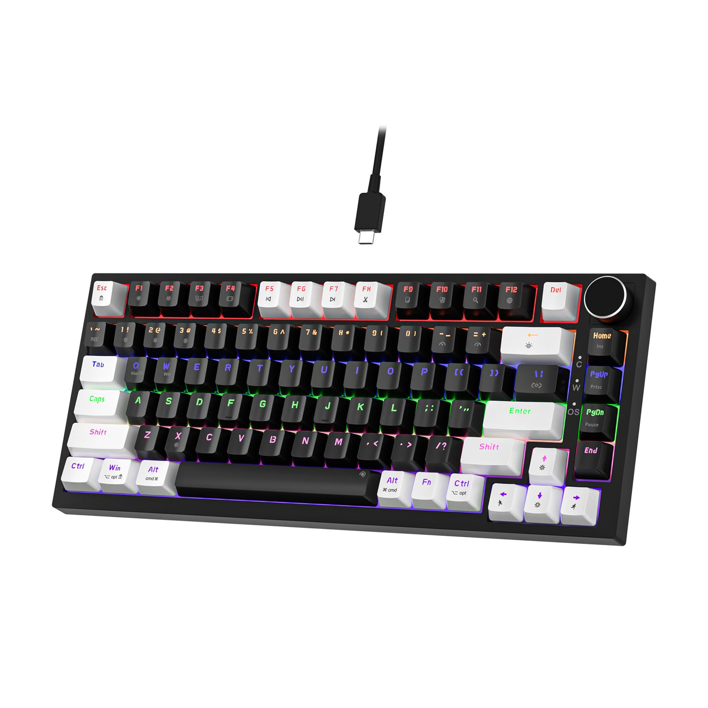 Newmen GM326 Mechanische Tastatur mit Kabel,Gaming Tastatur 75% Prozent,TKL Hot Swap LED Beleuchtung USB C Mini Mechanische Tastatur mit Knopf,für PC/Win/Mac,QWERTY Layout,Weiß/Schwarz,Rote Schalter