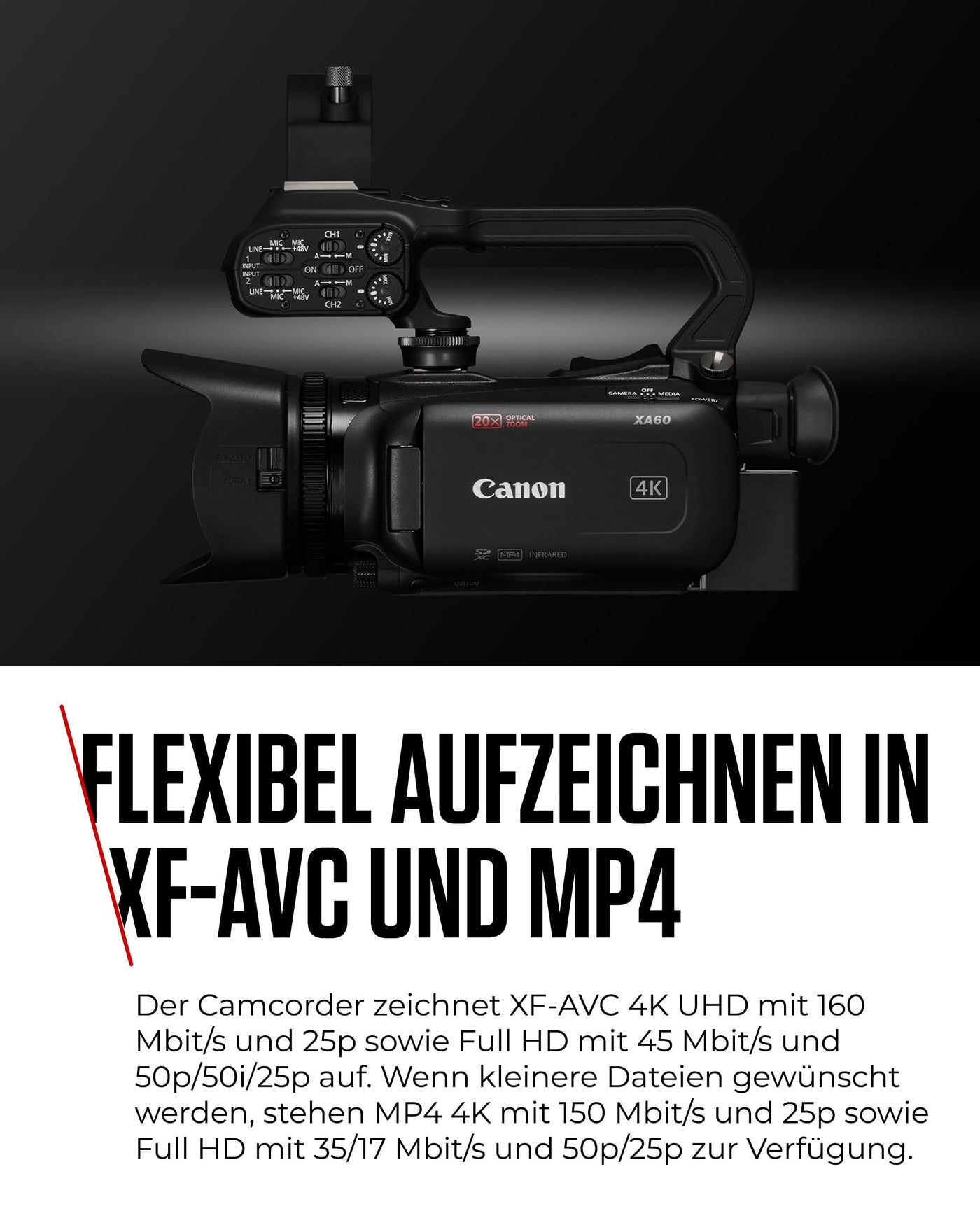 Canon XA60 Camcorder 4K Full HD (UHD Videokamera 20fach Zoom, 1/2,3-Zoll-Typ CMOS-Sensor, Autofokus, 5 Achsen Bildstabilisierung, HDMI Ausgang, 3,5-Zoll LC-Display, UVC Streaming) schwarz