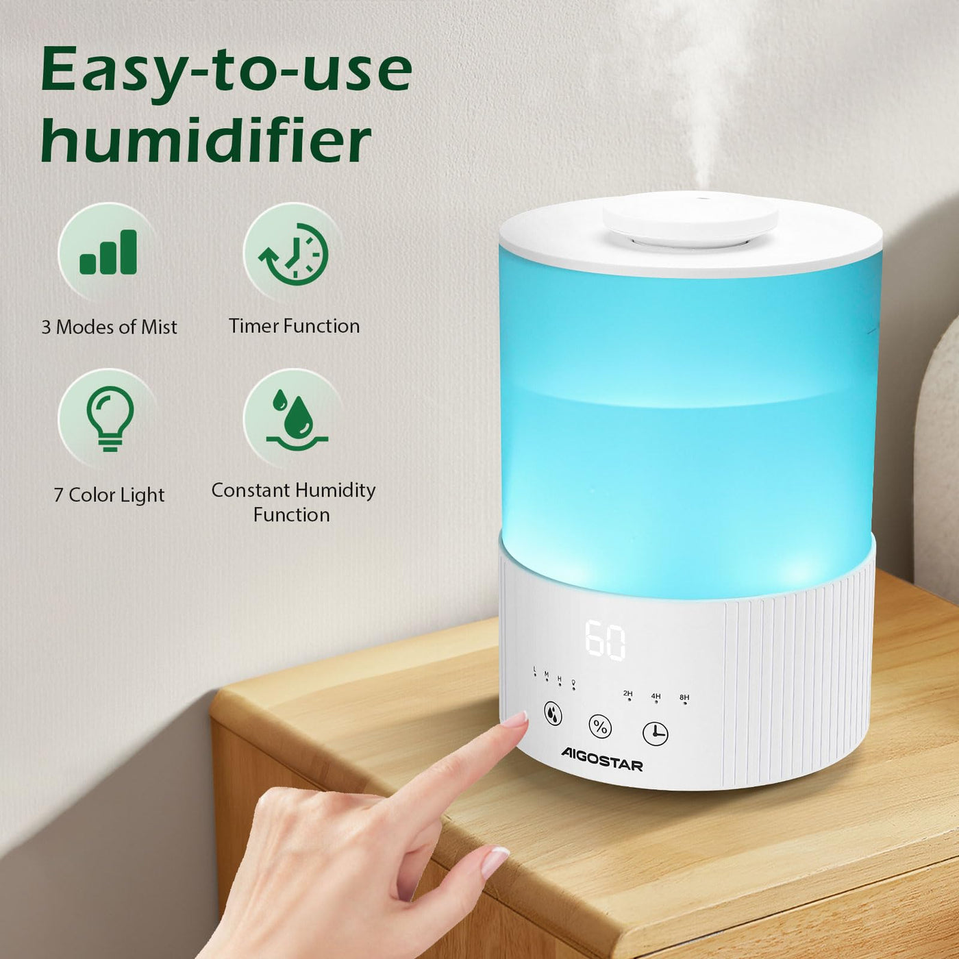Aigostar Luftbefeuchter für Schlafzimmer, 2,5L Tank, individuelle Luftfeuchtigkeit, 25 Stunden Laufzeit, Öldiffusor, leise Ultraschall-Luftbefeuchter, 7 Farblichter