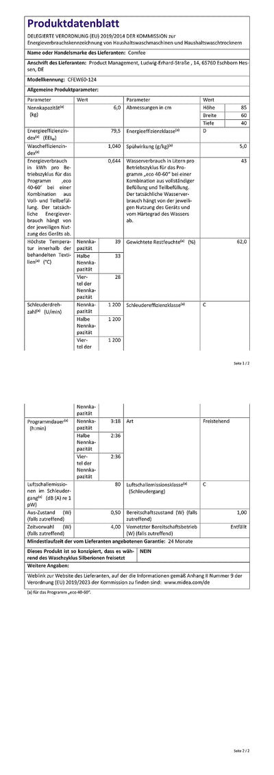 Comfee CFEW60-124 Waschmaschine / 6KG / Slim Line / D / 1200 U/min / Trommelreinigung / 15min-30min-45min Schnellwaschgang / Weiß