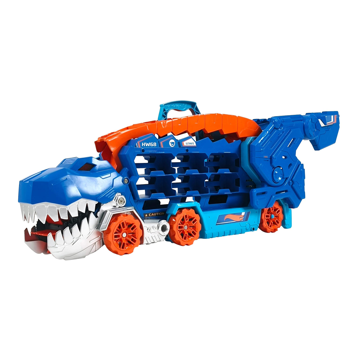 Hot Wheels Let's Race Netflix -2:1 Transporter zu T-Rex mit inkl. Autorennbahn, mit Beleuchtung und Geräuschen, inkl. 2 Spielzeugautos, Platz für 20 Autos, Hot Wheels Dino, Spielzeug ab 4 Jahre, HNG50
