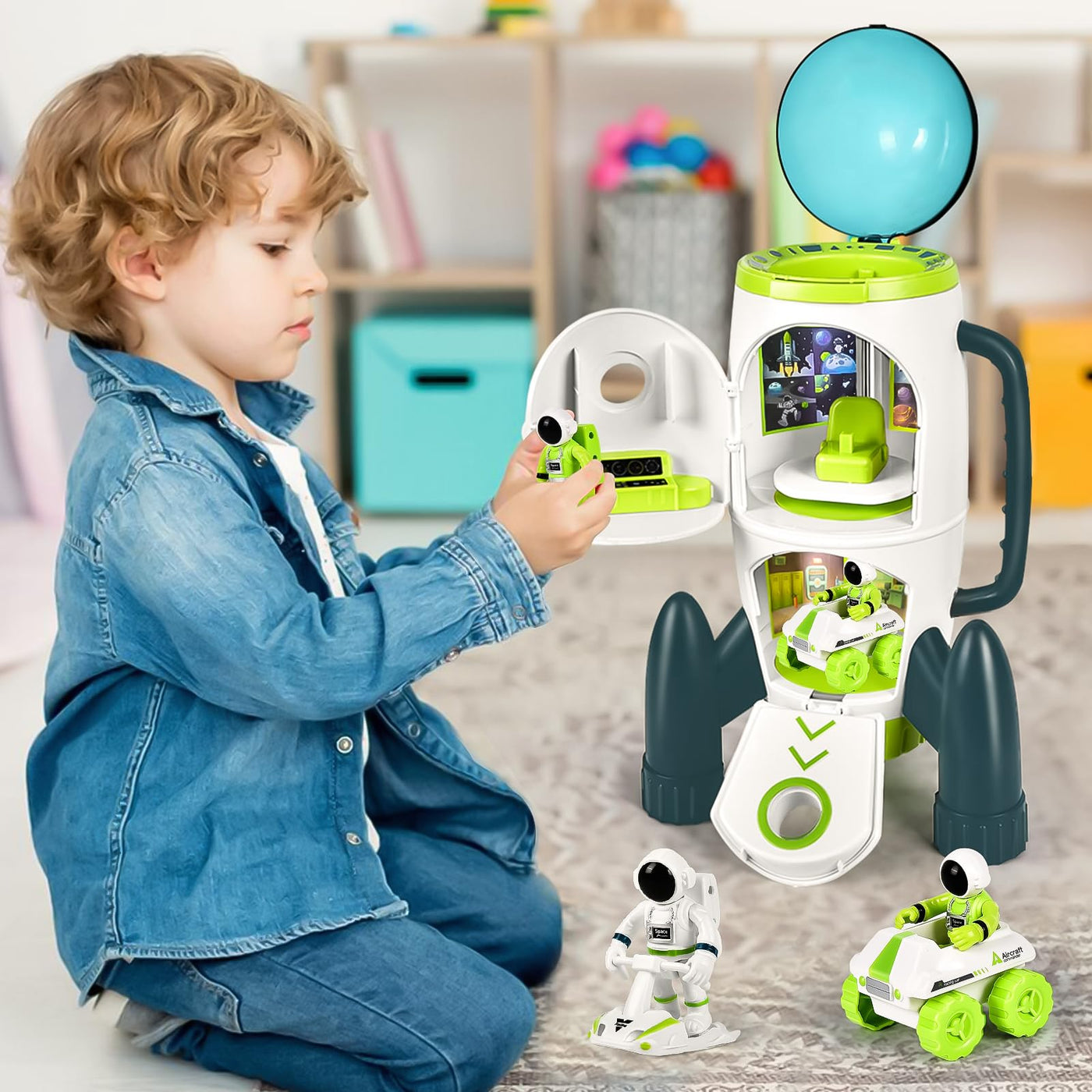 Aragallant Space Rakete Spielzeug für Kinder, Space Shuttle mit Licht-und Soundeffekten, Weltraum Spielzeug-Set mit Astronauten, Space Rover und Satelliten, Geschenk für Jungen Mädchen ab 3 Jahren