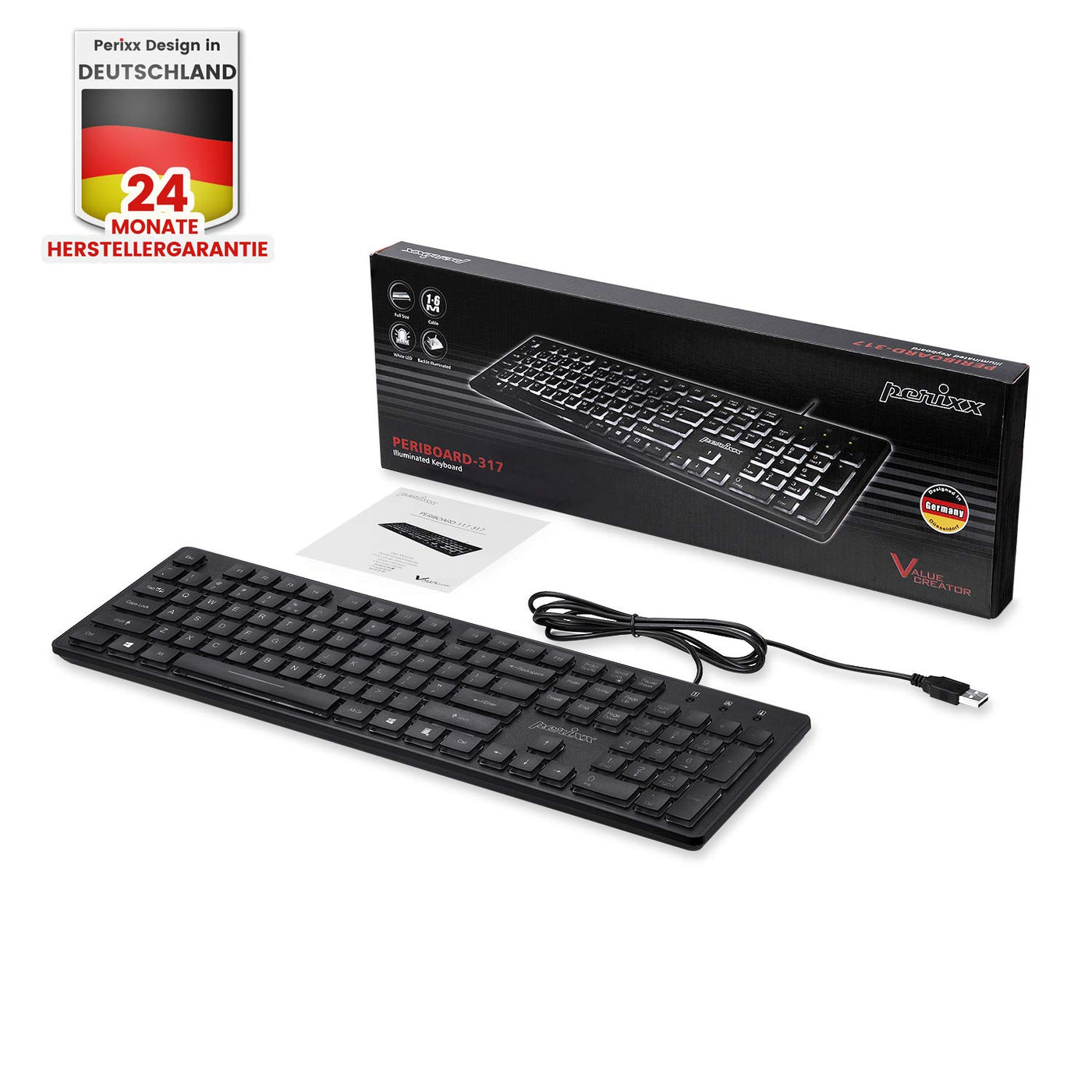 Perixx Periboard-317, Kabelgebundene Tastatur mit weißer LED Hintergrundbeleuchtung, Große Druckbuchstaben, Vollformat, Deutsches QWERTZ Layout