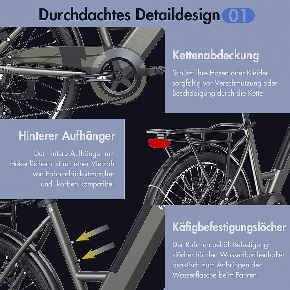 Fafrees F26 Pro ebike 14.5Ah Akku, Elektrofahrrad 250W 26 Zoll, City e-Bike 25km/h, e Bike Herren Damen, E-Fahrrad Support Mobile APP, Reichweite bis zu 55-110Km, Grau