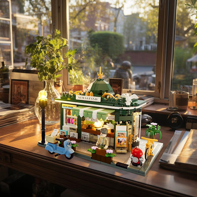 FUNWHOLE Kiosk Beleuchtung Klemmbausteine Haus, Schreibtisch-Deko, Retro Modular Building Stadtleben Set, Geschenk für Erwachsene und Jugendliche,556 Pcs,F9023,Newsstand