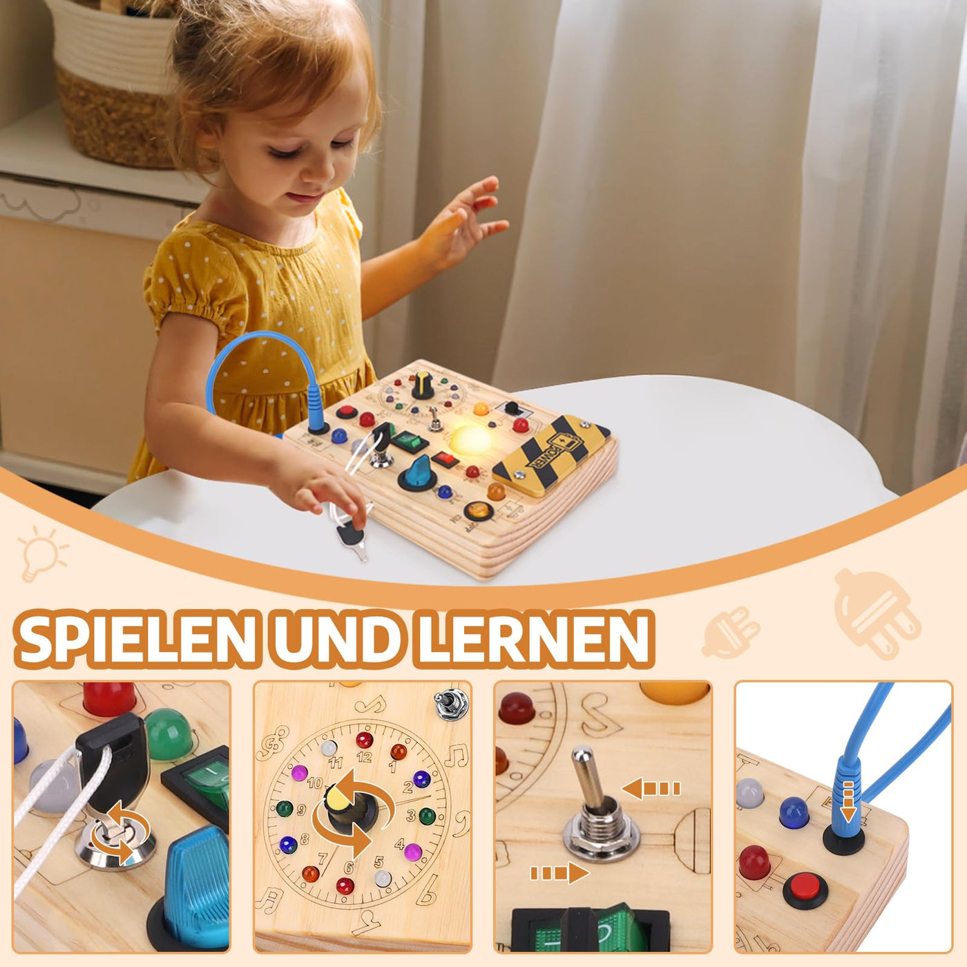 Busy Board Montessori Spielzeug Activity Board Sensorik Spielzeug Mit 10 Schaltern und 23 LED Lichtern Holzspielzeug Motorikspielzeug für Babys und Kinder ab 1 2 3 4 Jahre Jungen und Mädchen