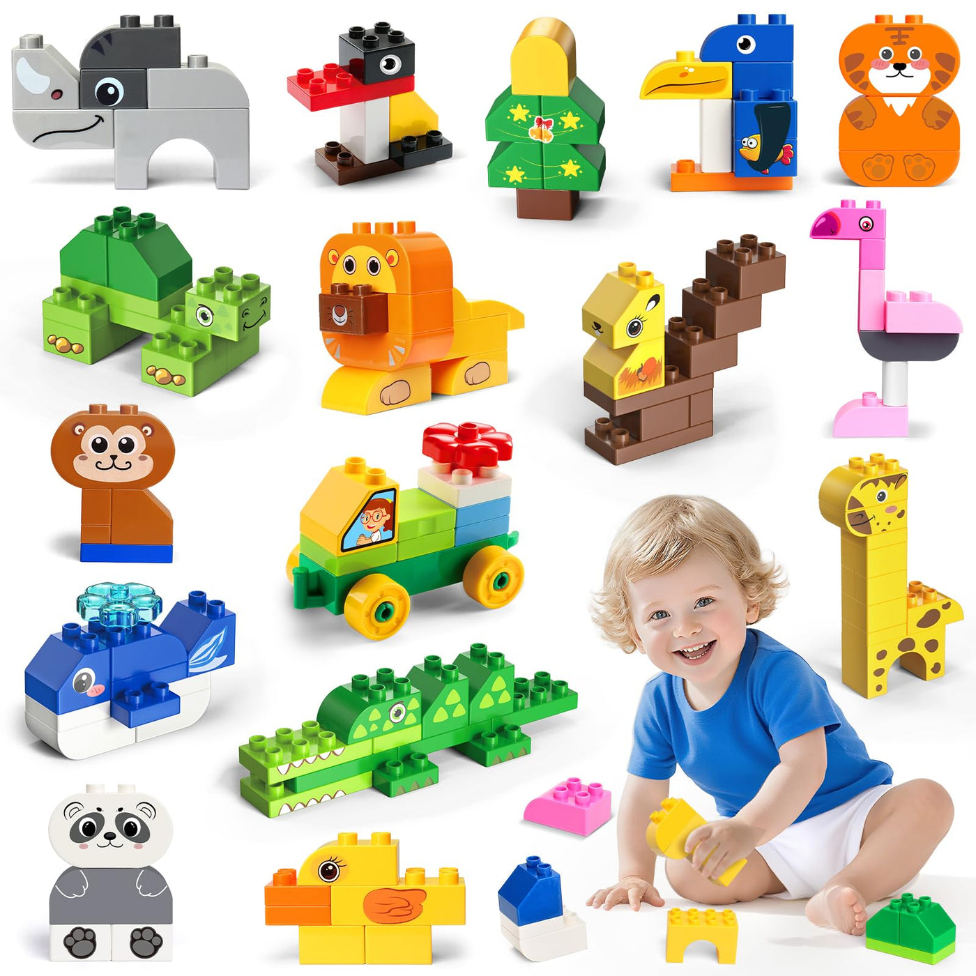 MOONTOY Große Bausteine, 125 Teile Bunte Bauklötze zum Bauen von 16 Tier, Bauspielzeug Konstruktionsspielzeug für Kleinkinder Classic STEM Lernspielzeug Spielzeug für Kinder ab 2 3 4 Jahre Geschenk