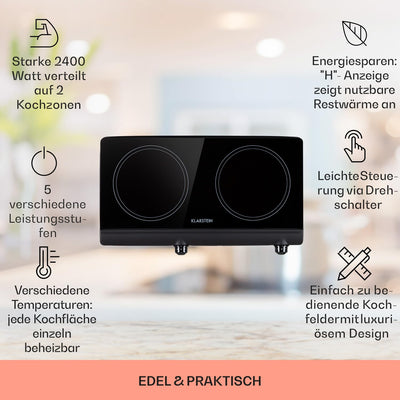 Klarstein Glaskeramik Kochfeld, Einbau-Kochfeld mit 2 Platten, 2400 W Elektro Kochfeld zum Kochen, Modernes Glaskeramikkochfeld, Glaskeramik Herdplatte mit 2 Kochfelder, Einbau Kochfeld Keramik