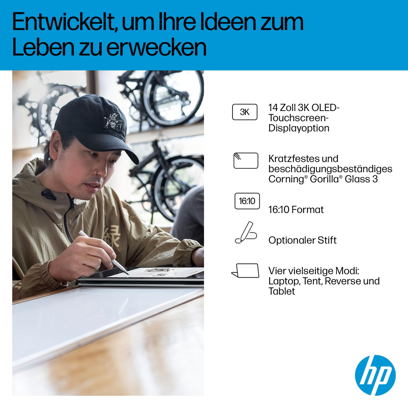 HP OmniBook X Flip 2in1 Next Gen AI Laptop| AMD Ryzen AI 7 350 (8C) | dedizierte NPU für KI | 50 NPU Tops | Copilot+ PC | 14" 3K 2880x1800 OLED-Touchscreen | 16GB | 1TB SSD | Win11 | QWERTZ | Silber