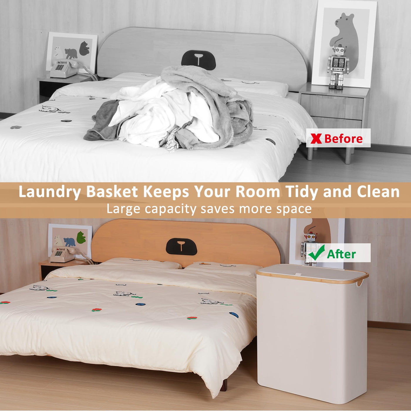 iEGrow Wäschekorb150L XL-Extra Groß 2 Fächer Wäschesammler mit Bambusgriff und Deckel, Laundry Baskets, Wäschekörbe für Waschküche, Schlafzimmer, Badezimmer (Beige)