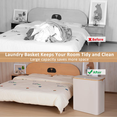 iEGrow Wäschekorb150L XL-Extra Groß 2 Fächer Wäschesammler mit Bambusgriff und Deckel, Laundry Baskets, Wäschekörbe für Waschküche, Schlafzimmer, Badezimmer (Beige)