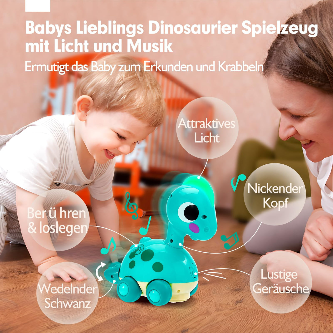 CubicFun Musik Dinosaurier Baby Spielzeug ab 6 9 12 Monate, Krabbelspielzeug mit Licht & Sound,Interaktives Krabbel Dino Baby Spielzeug 6 Monate,Tummy Time Toys,Weihnachten Geschenke für Junge Mädchen